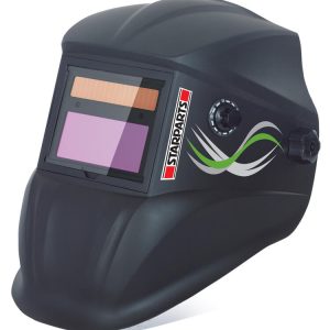 Auto Darkening Black Welding Helmet Shade 9-13 with adjustable settings and large viewing area.