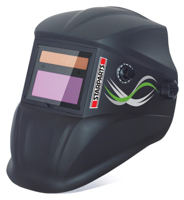 Auto Darkening Black Welding Helmet Shade 9-13 with adjustable settings and large viewing area.