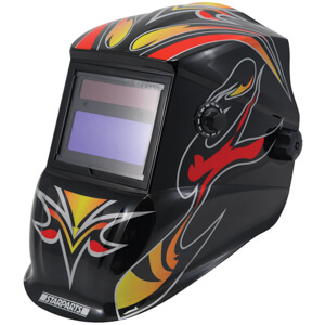 Tribal Welding Helmet Shade 9-13 with flame decals and auto-darkening filter.