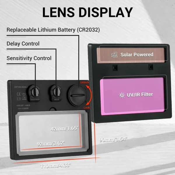 Welding helmet with solar-powered battery and True Color Technology.