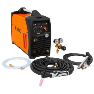 Jasic TIG 300 Pulse DC Inverter with digital controls and essential accessories.