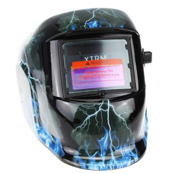 Lightweight welding helmet with solar power and replaceable lithium battery.