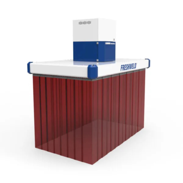 Robotic welding fume extraction system for industrial cells. Certified design, acoustic panels, and modular structure for clean air.