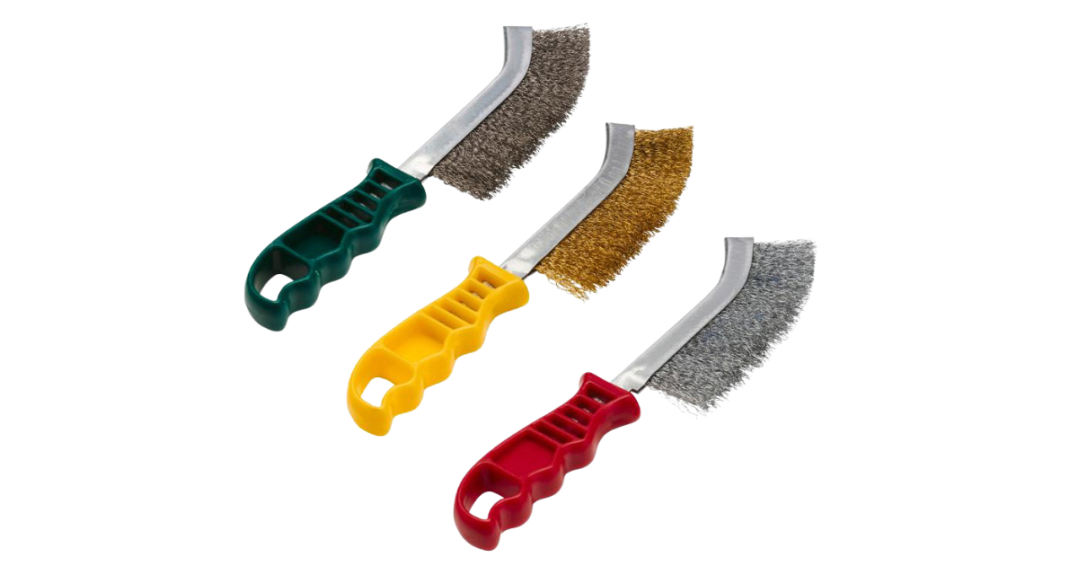 Close-up of stainless steel wire brush with 0.3mm bristles – industrial cleaning tool distributed by RAM SVEIS Norway
