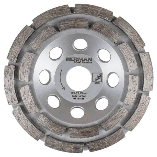 Diamond grinding cup wheel for concrete with double-row segments