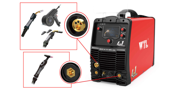 WTL MAGIC ACDC GMIG 220C rear panel showing gas inlet, power connectors and dual feeder configuration – industrial welding machine for aluminum and steel