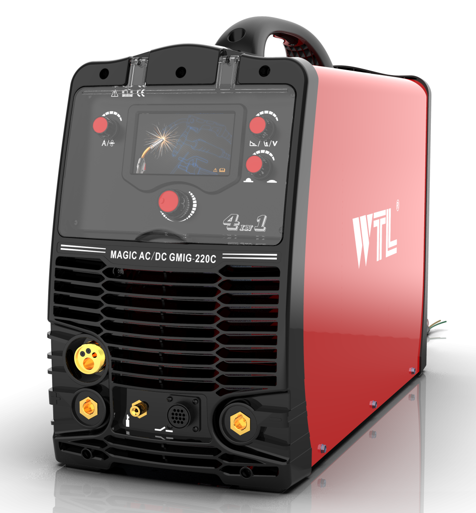 Front view of WTL MAGIC ACDC GMIG 220C multi-process welding machine – 4-in-1 inverter welder with MIG, AC/DC TIG, and MMA functions, exclusive in Norway via RAM SVEIS OG BEMANNING