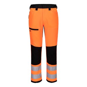 Hi-vis arbeidsbukse Portwest CD857 WX2 Eco med stretch og refleksbånd i orange og svart