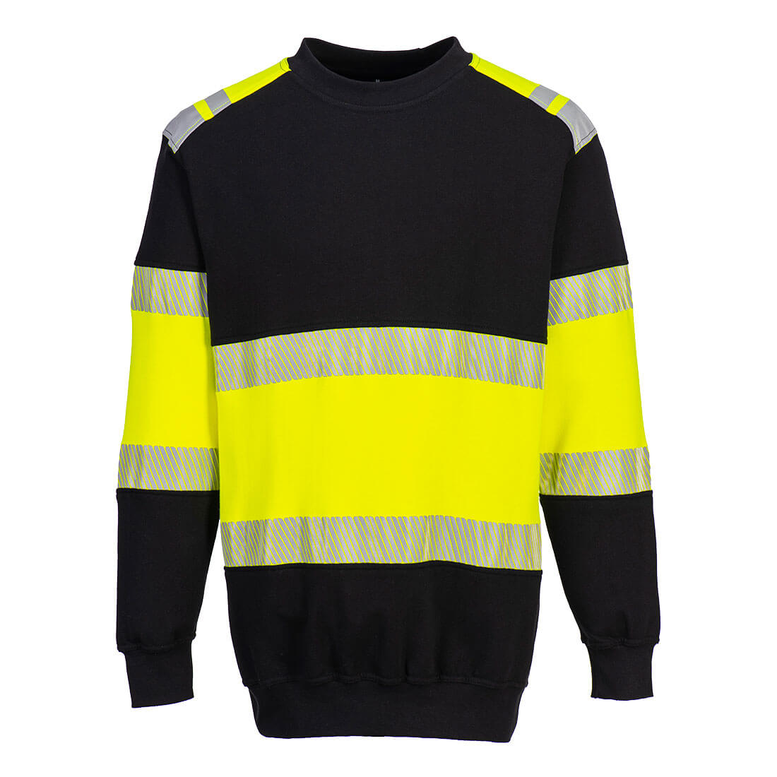 Hi-vis flammehemmende genser Portwest FR716 i gul og svart med refleksstriber for industriarbeid