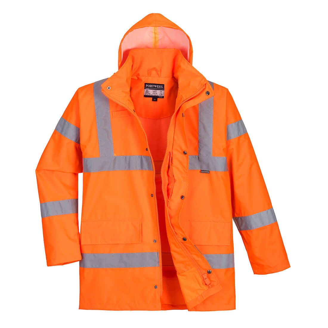 Hi-vis regn trafikk jakke Portwest RT60 oransje med refleksbånd og hette for jernbane og anleggsarbeid