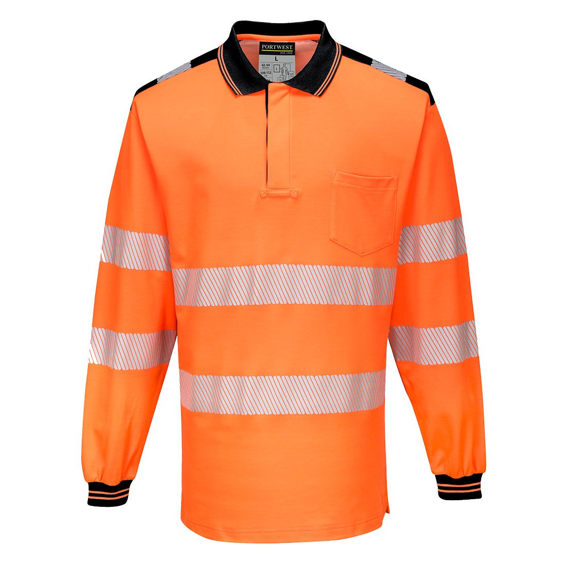 Hi-vis polo langermet Portwest T184 i orange og svart med refleksstriper klasse 3